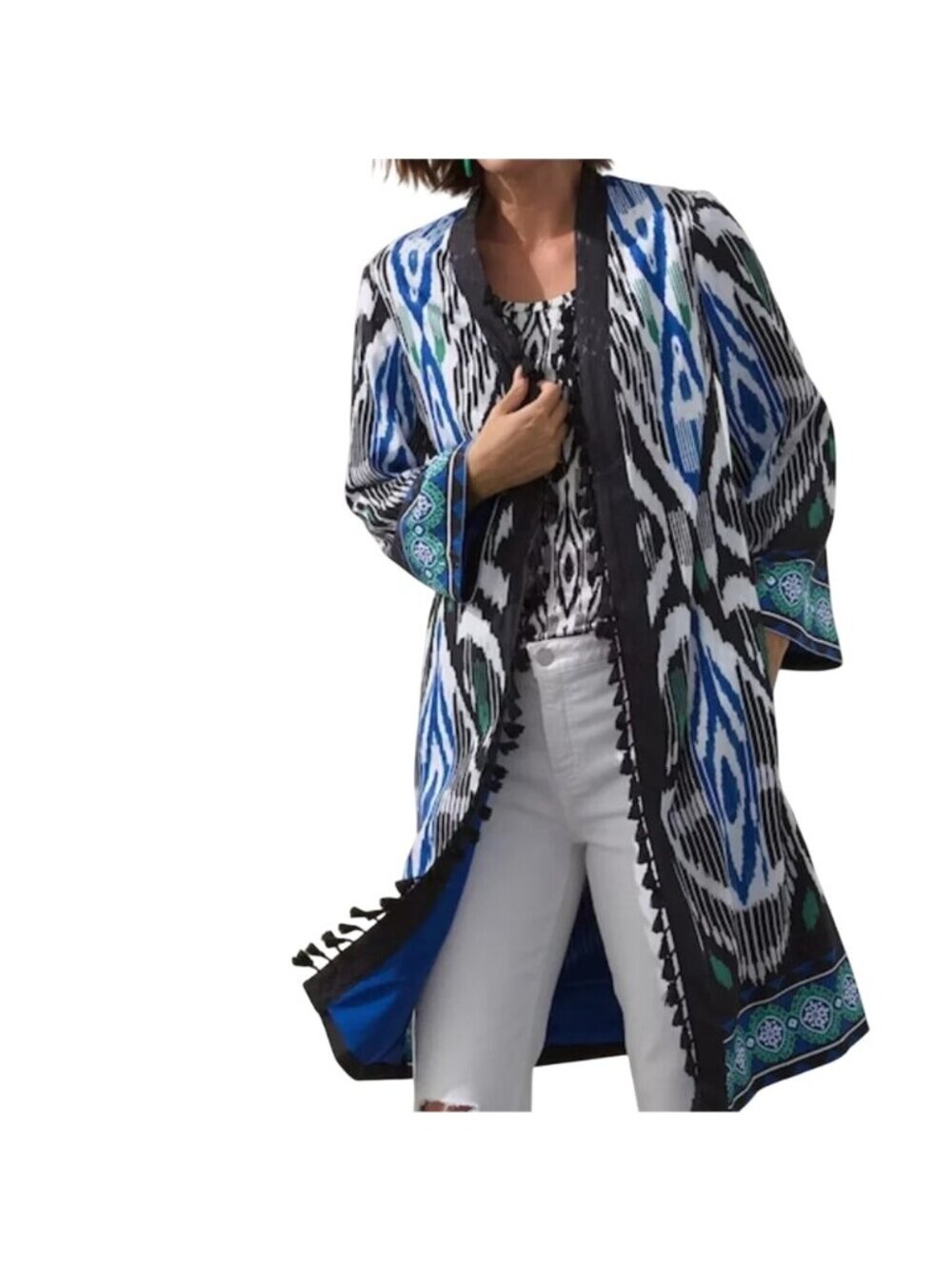 Chicos Kimono Cardigan XL Open Front Bordered Tassel Ikat Print Blue Boho Chic